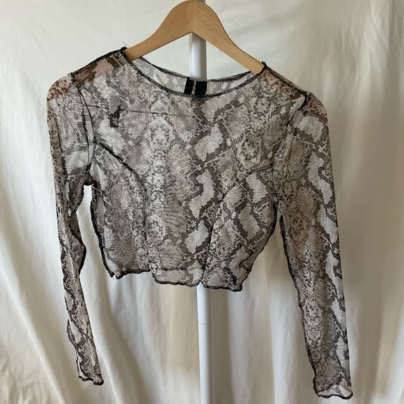 Windsor Tops - Windsor Sheer Snake-Print Long Sleeve Crop Top - Brown, Beige